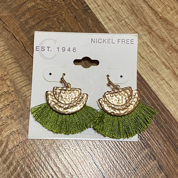 Jewelry - Trendy Dangle Boho Tassel Punched Metal Sage Green & Gold Earrings NWT